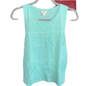J Crew Womens Tank Top XS Petite Green Sleeveless Scoop Neck Lace‎ Pullover